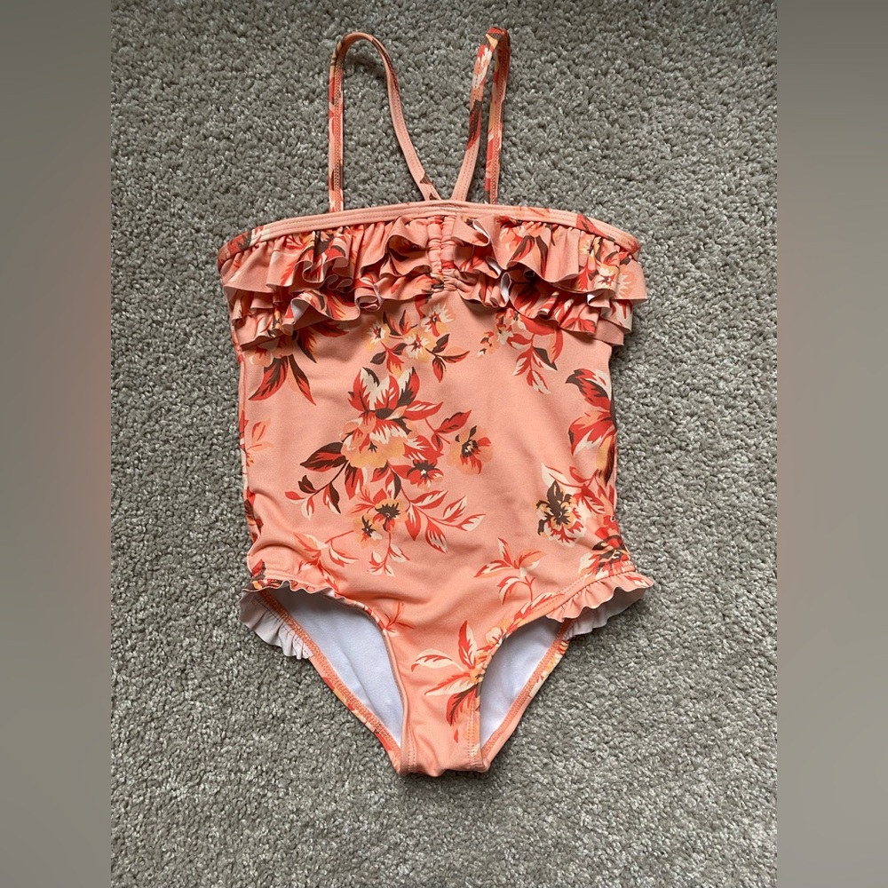 Janie and Jack Floral Ruffle One Piece - Peach with orange flowers